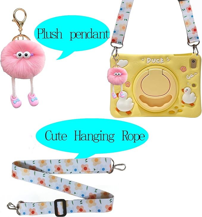 3D Cute Press Duck Case for iPad mini 1st 2nd 3rd 4th 5th Gen 7.9 inchKawaii Cartoon Character Duck Soft Silicone Rotating Stand Case with Lanyard for Kids Teens Girls Women