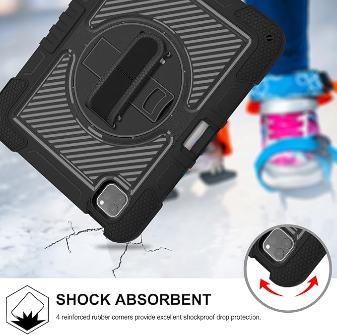 Shockproof Case for iPad Pro 11-inch M5/M4 (2025/2024) Cover with Hand/Shoulder Strap Techcircle Heavy Duty Rotating Kickstand Rugged Defender Protective Case with Pencil Holder Black
