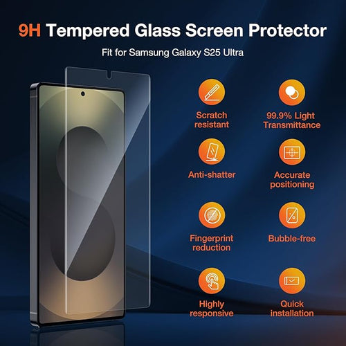 2 Pack HD Screen Protector for Samsung Galaxy S25 Ultra High Definition Clarity Protective Film 100% Fingerprint Unlock 9h+ Tempered Glass Automatic Dust Removal Anti-Scratch Protection