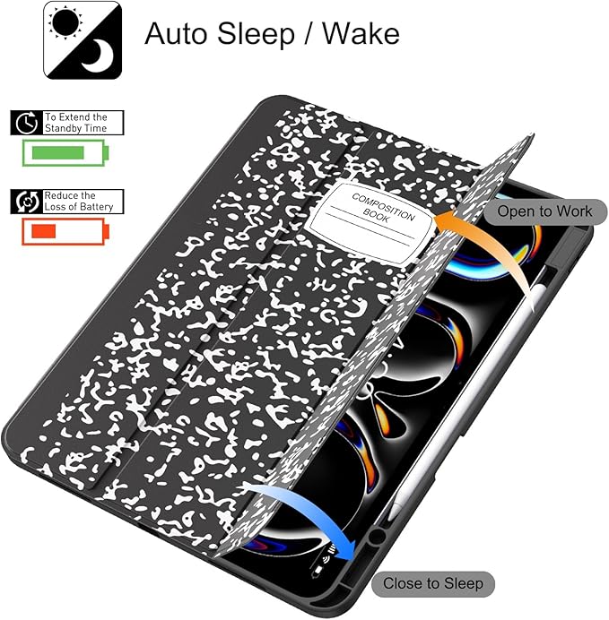 Soke Case for New iPad Pro 13 Inch (M5/M4 2025/2024 Release) with Pencil Holder Trifold Stand Shockproof [Support Apple Pencil Charging + Auto Wake/Sleep] Soft TPU Back Cover Book Black