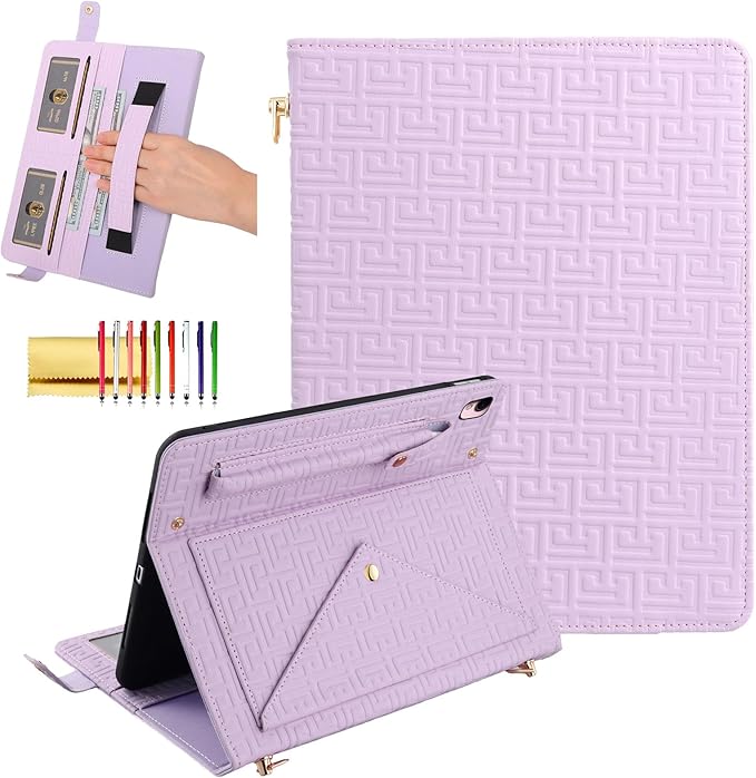 Dteck Handbag Case for iPad 9th/8th/7th Generation 2021/2020/2019 10.2 Inch with Pencil Holder Folio Stand PU Leather Crossbody Shoulder Hand Strap Card Pockets Magnetic Envelope Wallet CoverPurple