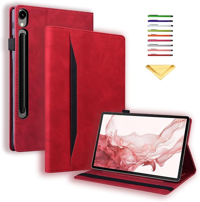 Case for Samsung Galaxy Tab S10 FE+/S10 FE Plus 13.1 Inch 2025 Model (SM-X620/SM-X626B) with Pencil Holder/Pocket/Card Slots Folio Stand PU Leather TPU Back Shockproof Wallet Cover Red