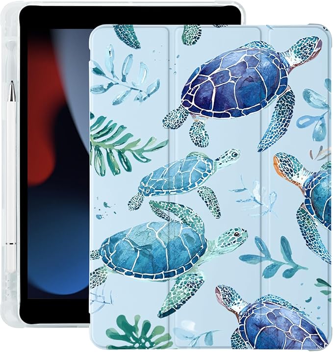 Cute Sea Turtle for iPad 5th/6th Generation Case with Pencil Holder Auto Sleep/Wake Blue Leather Soft TPU Back Cover for iPad 9.7 Inch