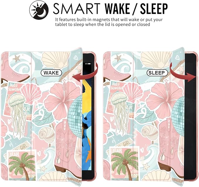 JOYLAND Beach Floral Case for iPad 9th/8th/7th Generation 10.2 inch (2021/2020/2019) with Pencil HolderTrifold Stand Protective Cover with Soft TPU BackPink