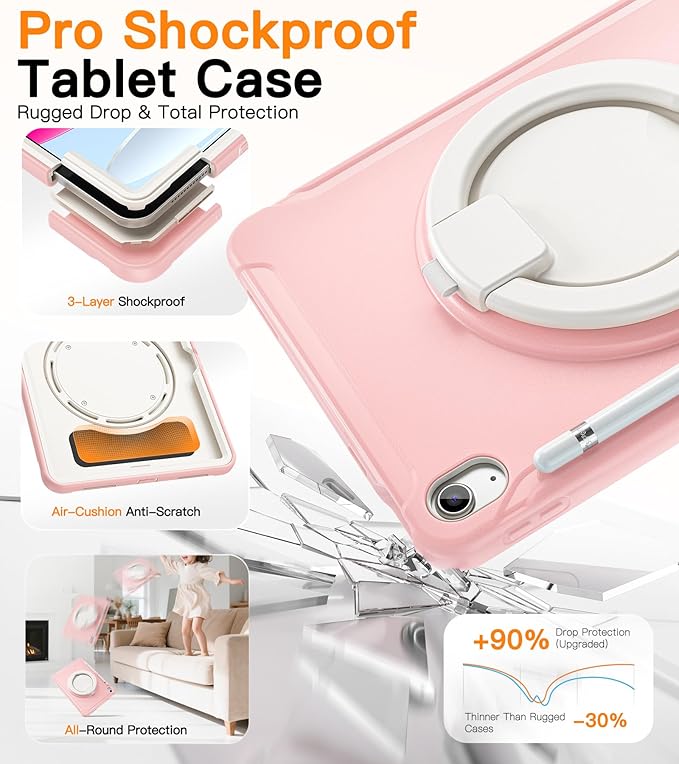 BATYUE Shockproof Case for iPad 10th Gen 10.9 2022 / 11th Gen (A16) 11 2025 | 360° Multi-Angle Stand (Portrait &amp Landscape) &amp Grip Built-in Screen Protector Pencil Holder Pink