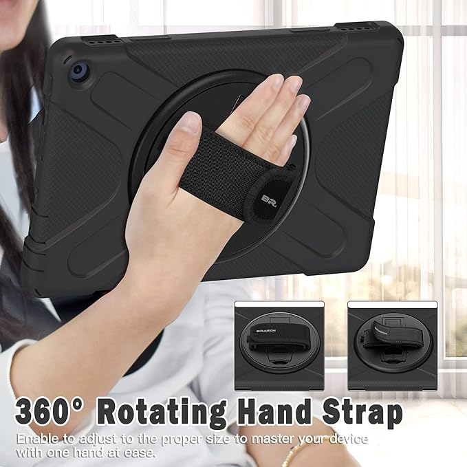 BRAECN Fire HD 10/HD 10 Plus 11th Generation 2021 CaseHeavy Duty Shockproof Protective Case with Rotating Hand StrapCarrying Shoulder StrapKickstand for Amazon Fire HD 10 / HD 10 Plus Tablet-Black