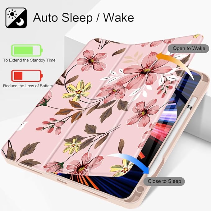 Mektron for iPad Pro M2 11-inch 4th/ 3rd/ 2nd/ 1st Gen Case 2022 2021 2020 2018 with Pencil Holder Tablet Cover with Soft TPU Back Cover for 11 inch iPad Pro Floral C293