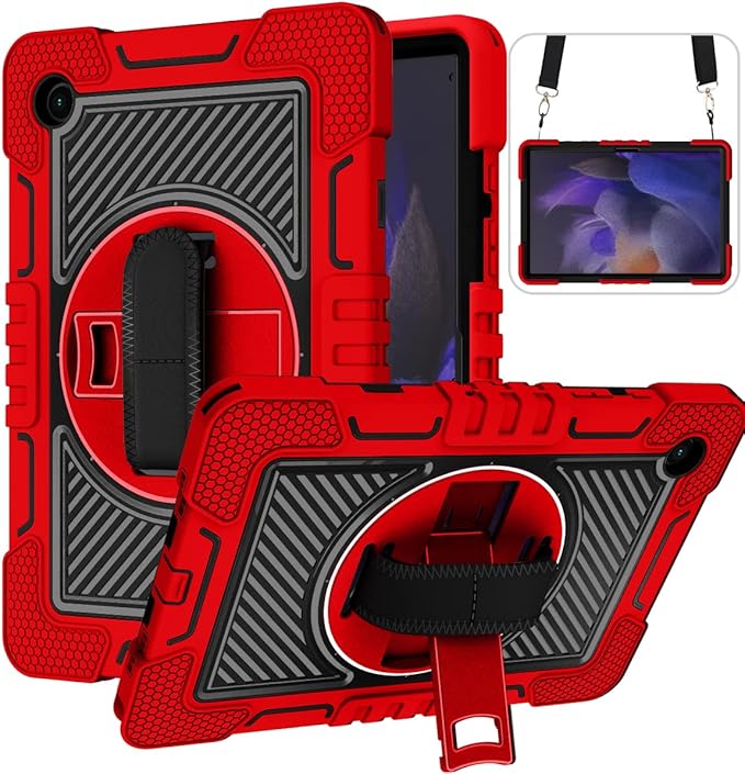 Case for Samsung Galaxy Tab A8 10.5 inch Tablet 2022 (SM-X200/X205/X207) with Hand Strap &amp Shoulder Strap [360° Rotating Kickstand] Hard Rugged Shockproof Swivel Stand Cover Red + Black