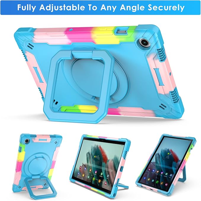 DETUOSI Case for Samsung Galaxy Tab A8 10.5 inch 2022 Galaxy Tab A8 Shockproof Case with 360°Rotatable Stand &amp Shoulder Strap Heavy Duty Case for SM-X200/X205/X207 Camouflage Blue