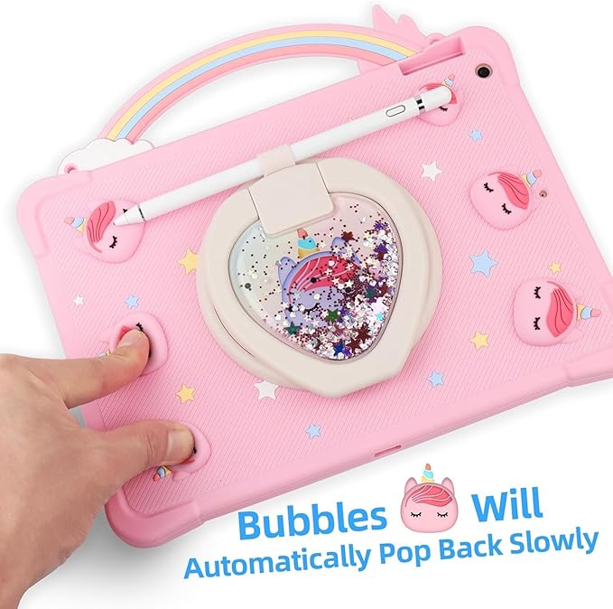 [Super Cute Rainbow Handle Unicorn Case] Compatible with ipad 7 2019 Case Cover for Kids Girls with Hand Strap and 360° Rotating Stand - Pink
