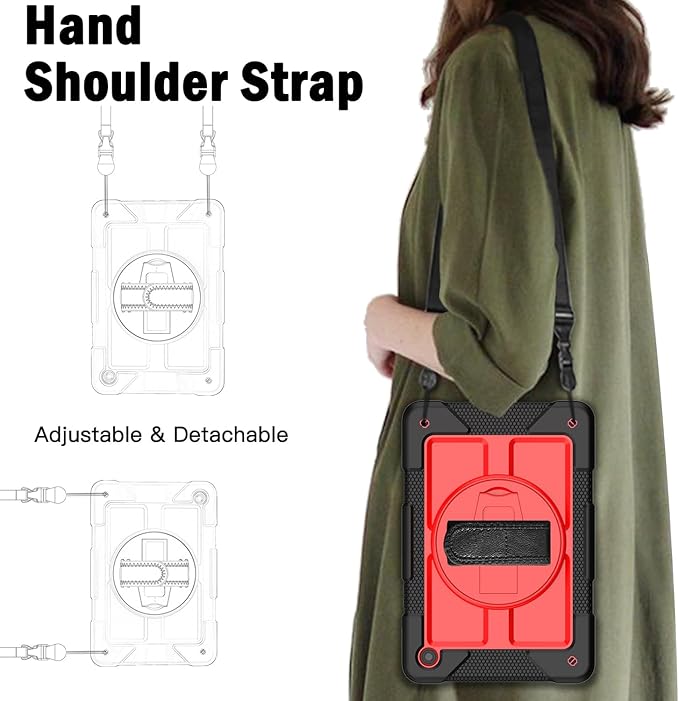 BMOUO for Samsung Galaxy Tab A9+ Plus Case 11 2023 (SM-X210/X216/X218) Shockproof Galaxy Tab A9 Plus Case with Rotating Stand and Hand/Shoulder Strap Red and Black