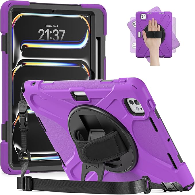 Batianda Case for New iPad Pro 11-inch 2025 M5 2024 M4 Chip Heavy Duty Rugged Durability Silicone Tablet Cover with 360° Rotating Hand Strap Foldable Hidden Stand &amp Shoulder Strap Purple