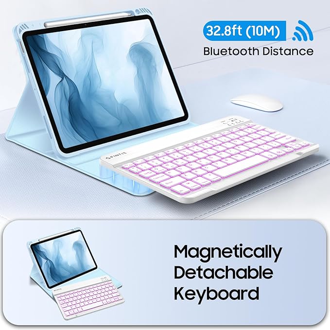 Fintie Backlit Keyboard Case for iPad Air 11-inch M4/M3/M2 (2026/2025/2024) iPad Air 5th/4th Gen 10.9 Inch - Soft TPU Cover with 7 Color Backlight Detachable Bluetooth Keyboard Sky Blue