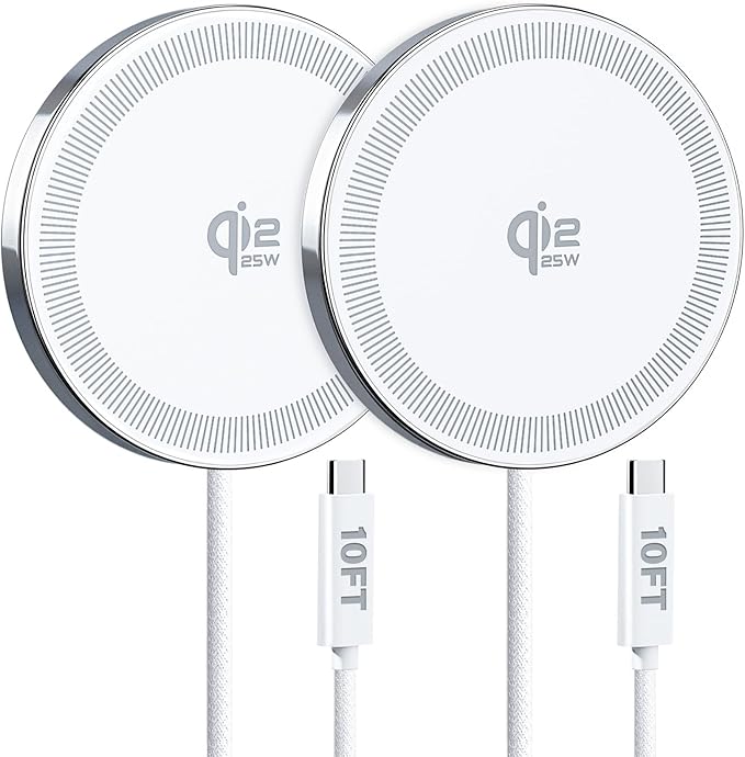 25W Wireless Charger for MagSafe Qi2.2 Magnetic Fast Charging Pad for iPhone 17/16/15/14/13/12 Series &amp AirPods Strong Magnet Portable Wireless Charger for Travel Home Office (White 2Pack(10FT