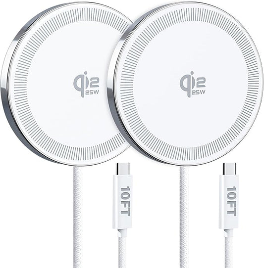 25W Wireless Charger for MagSafe Qi2.2 Magnetic Fast Charging Pad for iPhone 17/16/15/14/13/12 Series &amp AirPods Strong Magnet Portable Wireless Charger for Travel Home Office (White 2Pack(10FT