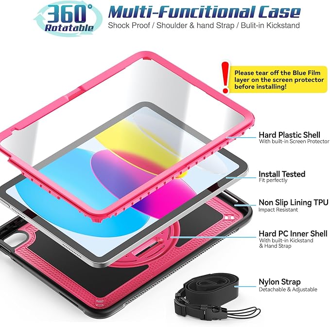 SEYMAC stock Case for iPad A16 11-inch Case 2025/ for iPad 11th/ 10th Generation 10.9'' 2022 Protective with Screen Protector Pen Holder Rotate Stand Loop Nylon Hand Strap Shoulder Strap Rose