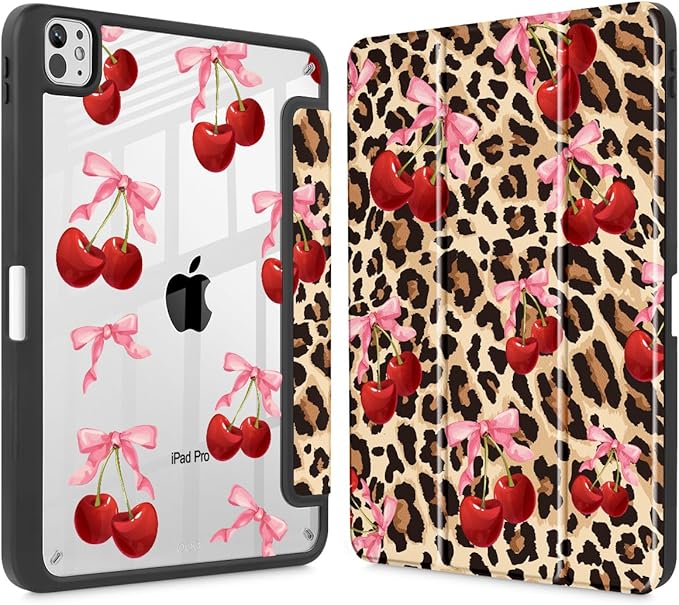 May Chen Case for iPad Pro 11-Inch M5/M4 2025/2024 (6th/5th Generation) [Penceil Holder] Trifold Stand Auto Wake/Sleep Clear TPU Protection Back Cover Cherry &amp Cheetah