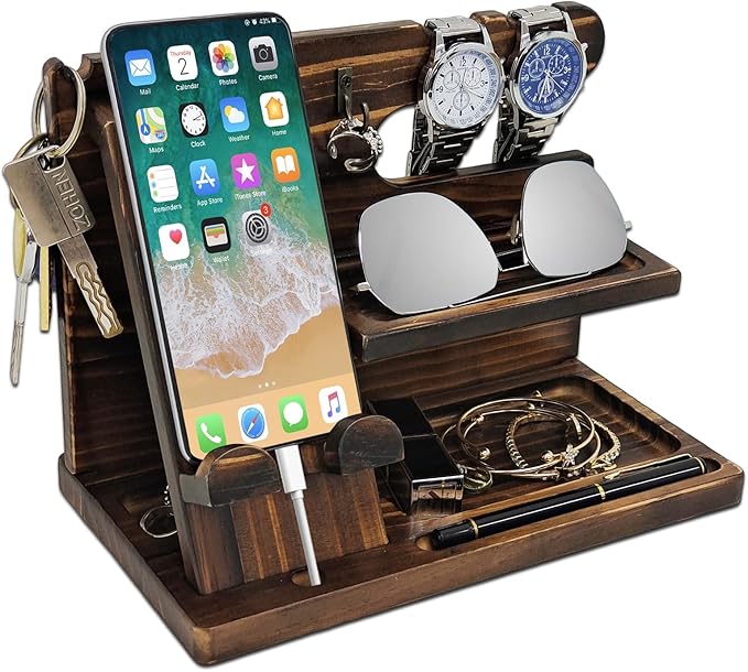 Nightstand Organizer with Phone Docking Station and Desk Organizer - Brown Wooden Gift for Men and Dad