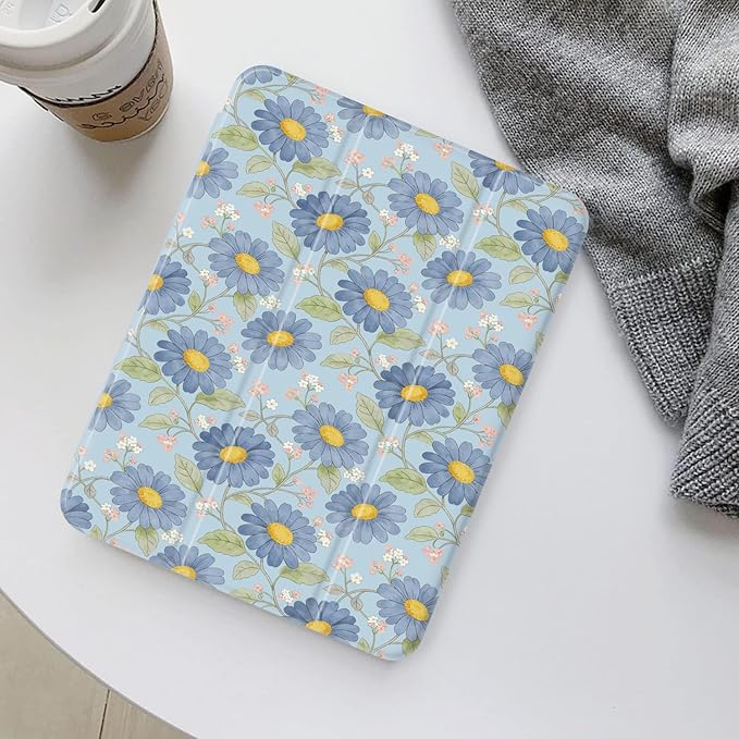 Cute Blue Daisy Clusters for iPad Air 5/Air 4 Case (10.9 Inch2022/2020) Air 5th/4th Gen[Pencil Holder+Auto Sleep/Wake]Slim Stand Soft Leather TPU Back Smart CoverBlue