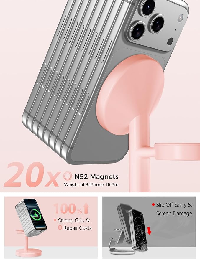 2026 3 in 1 Wireless Charging Station Compatible with MagSafe 15W Fast Magnetic Mag-Safe Charger Stand for Apple iPhone 17 16 15 14 13 12 iWatch AirPods Pro 4 3 2 Pink