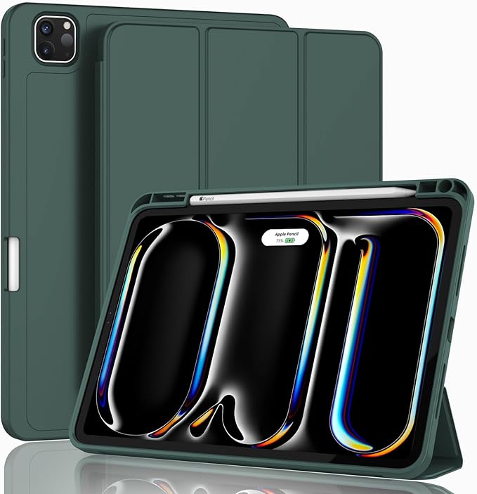ZryXal iPad Pro 11 Inch Case (M5) 2025/ (M4) 2024 (Model: A2836/A2837/A3006) Trifold Stand Smart Cover with Pencil Holder and Soft TPU Back Auto Wake/Sleep (Update Midnight Green)