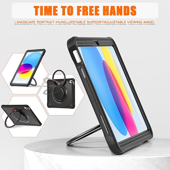 Batianda Ultimate Protective Case for New iPad 11th Generation 11 inch 2025 A16 Chip Sturdy Rugged Shockproof Silicone Tablet Cover with 360° Rotatable Ring Kickstand &amp Pencil Holder All Black