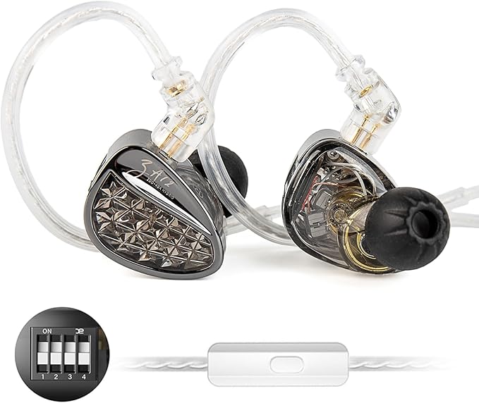 KZ ZA12 in Ear Monitor 2DD+4BA Hybrid Wired Earbuds KZ in Ear Monitor with 4-Level Tuning Switch Gaming EarbudsSilver-Plated IEM Cable for Audiophile (with Microphone Matte Black Tunable Version)