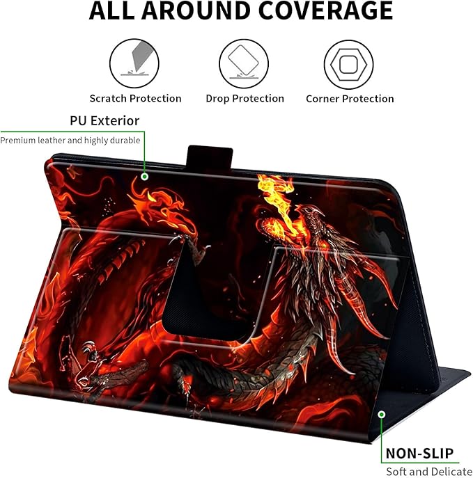 for Universal 10 10.1 Inch Android Tablet Case 360 Degree Rotating Leather Stand Folio Cover for iPad 9.7/10.2/10.5/Galaxy Tab 9-10.5/Fire HD10 &amp More 9.0-10.5 Inch TabletFire Red Dragon