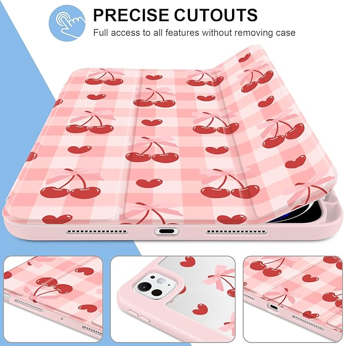 MecBevia Case for iPad Pro 11 inch M5 2025 / M4 2024 (6th/5th Gen) A3357 A3358 A3359 A2836 A2837 A3006 – Built-in Pencil Holder &amp Auto Wake/Sleep Pink Cherry Check