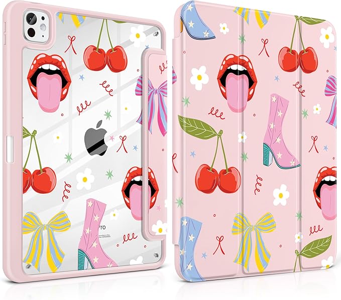 Case for iPad Pro 11 Inch (M5 2025 M4 2024) – [Built-in Pencil Holder] Shockproof &amp Stylish Clear Hard Back + Soft TPU Edge Magnetic Trifold Stand Auto Wake/Sleep Cherry &amp Lip