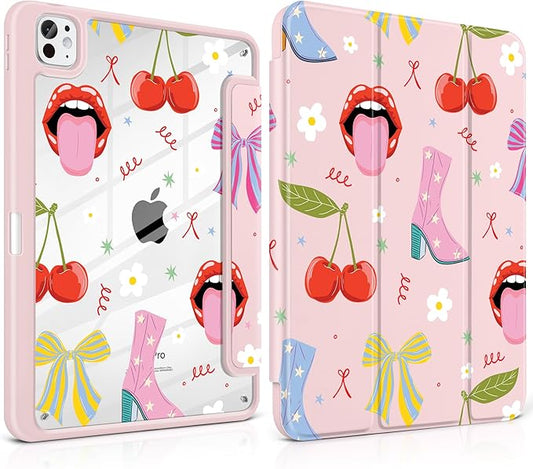 Case for iPad Pro 11 Inch (M5 2025 M4 2024) – [Built-in Pencil Holder] Shockproof &amp Stylish Clear Hard Back + Soft TPU Edge Magnetic Trifold Stand Auto Wake/Sleep Cherry &amp Lip