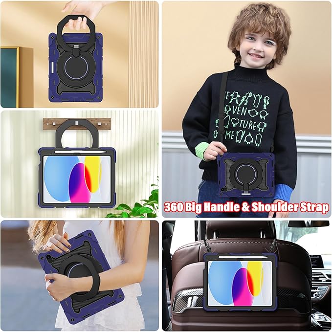 ROISKIN for iPad (A16) 11th/10th Generation Case 2025/2022 (11″/10.9″) Sturdy Heavy Duty Full-Body Shockproof Protective Case with Screen Protector Rotating Stand Handle/Shoulder Strap