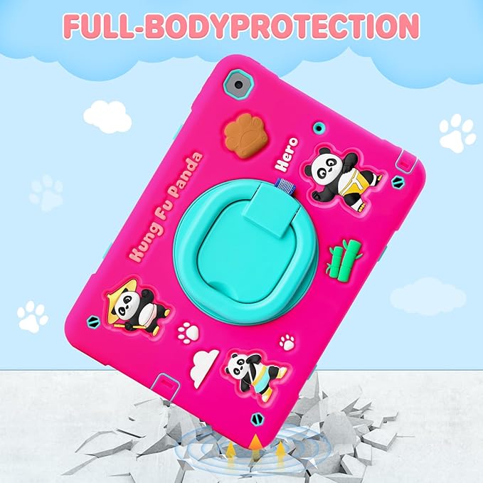 Case for iPad 9th/8th/7th GenerationCute 3D Cool Panda Warrior Design Cover with Screen Protector Rugged Protective Cartoon Case with Stand/Strap/Pen Slot for iPad 10.2 Kids Teens (Rose+Mint)