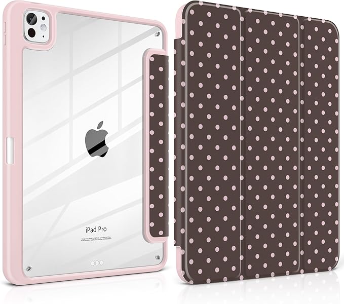 TWOLSKOO Case for iPad Pro 11-inch (M5 2025 / M4 2024) Clear Acrylic Back with TPU Bumper Pencil Holder Trifold Stand Auto Sleep/Wake Chocolate Polka Dot