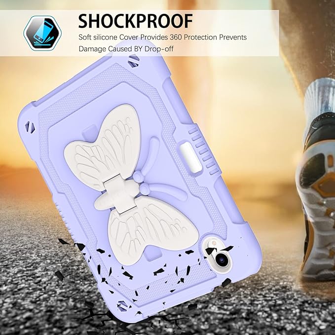 DUEDUE Case for iPad mini 7 (A17 Pro) 2024iPad mini 6 Case 2021 Butterfly Wings Kickstand with Pencil Holder Shockproof Protective Tablet Case for iPad mini 7th/6th Gen Kids Beige/Purple