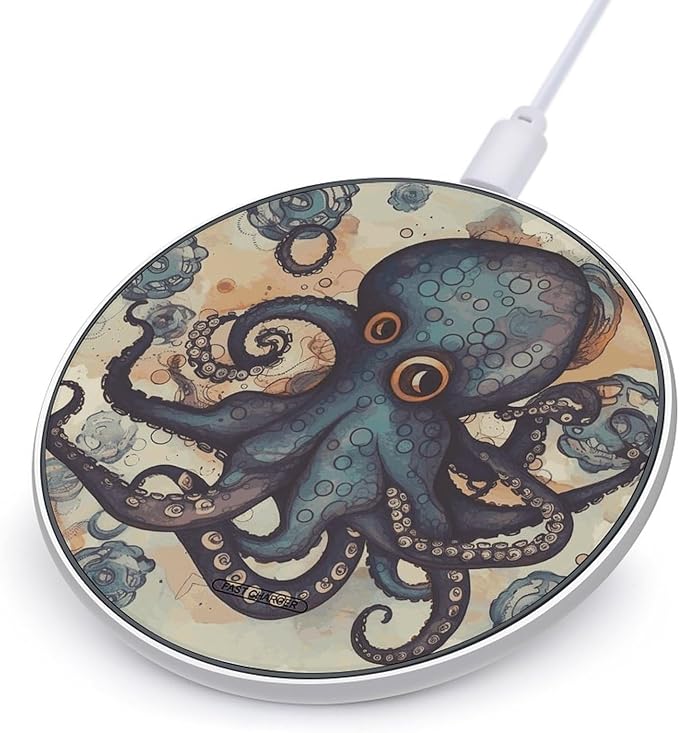 Retro Octopus Wireless Charger Fast Wireless Charging Pad with USB Cable 10W Anti-Slip Magnetic Wireless Charger Portable Slim Charger Puck Travel Charging Station