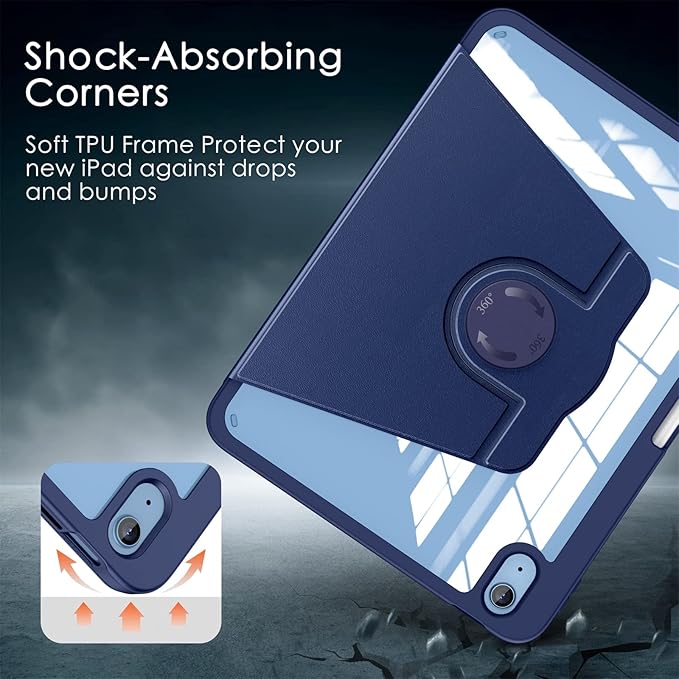 Soke Rotating Case for iPad (A16) 11th Generation 2025 iPad 10th Gen 2022 with Pencil Holder [Shockproof + Auto Sleep/Wake] 360 Degree Rotation Clear Back for iPad 11/10.9 - Navy Blue