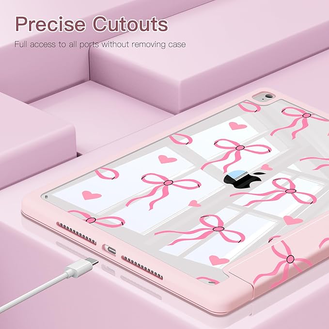 Teryeefi for iPad 9th Generation Case Clear Back Cover with Pencil Holder &amp Auto Sleep/Wake for iPad 10.2 inch 9th/8th/7th Generation 2021/2020/2019 - Cute Pink Bow