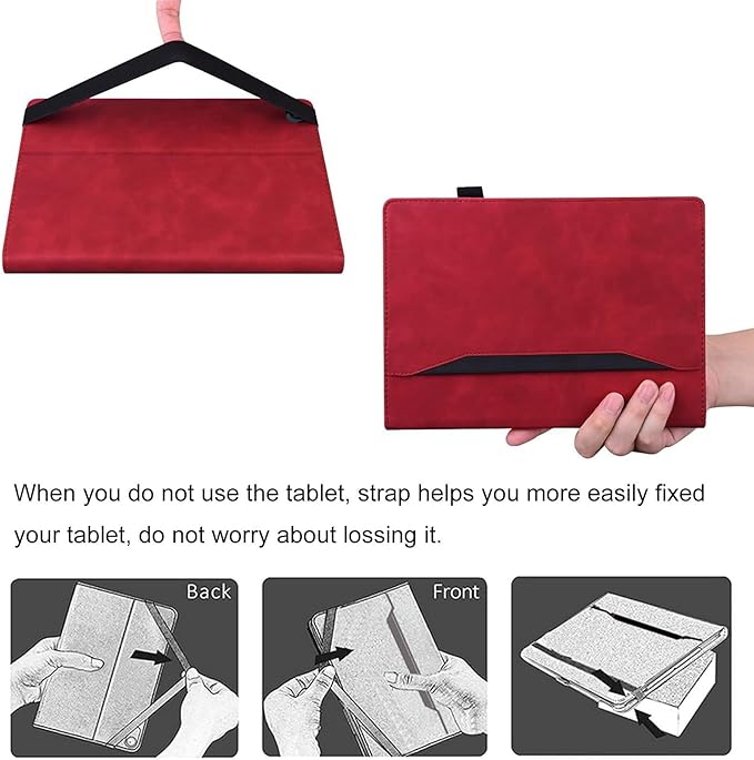 Shockproof Case for Lenovo Tab One 8.7 inch 2025 Model - Retro PU Leather + TPU Hybrid Protective Cover with Anti-Slip Grip Strap &amp Card Slots -Red