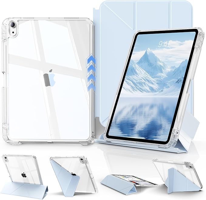 JKSML Case for iPad (A16) 11th/10th Gen with 8+ Viewing Angles DIY Detachable Sliding Cover Fully Clear Hard Back Shell Solid Y-fold Stand Pencil Holder for iPad 10.9 (2022)/ 11 (2025)-Blue-1