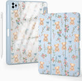 Cute Kawaii Bear Flower Bow for iPad Pro 13 Inch Case (M5/M4) 2025/2024 with Pencil Holder Auto Sleep/Wake Blue Leather Clear Acrylic Back Cover