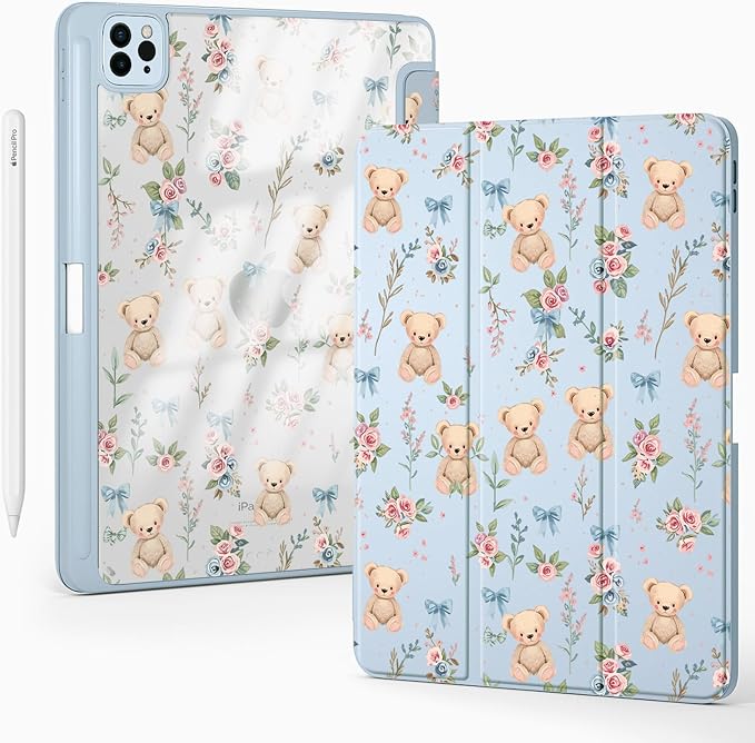 Cute Kawaii Bear Flower Bow for iPad Pro 13 Inch Case (M5/M4) 2025/2024 with Pencil Holder Auto Sleep/Wake Blue Leather Clear Acrylic Back Cover