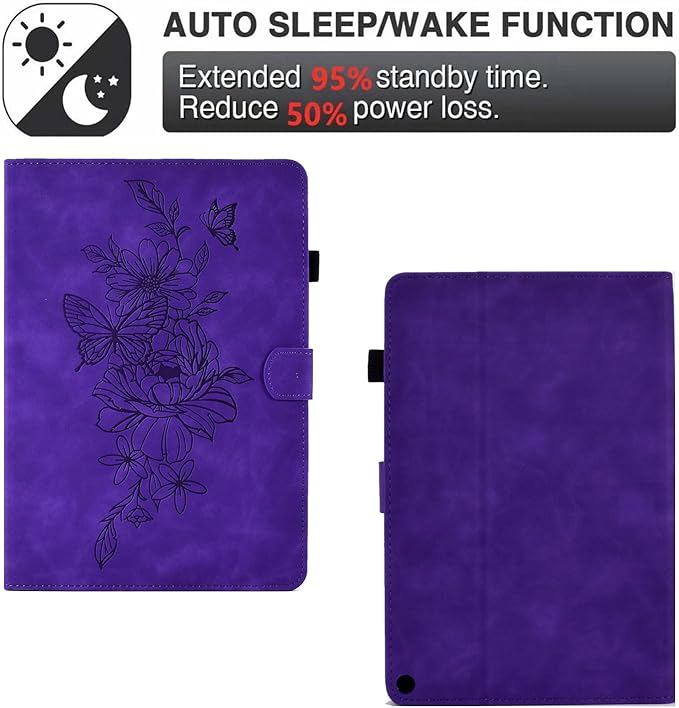 Folio Case for Amazon Kindle Fire HD 8/Fire HD 8 Plus (12th/10th Generation 2024/2022/2020) 8 with Stand/Pencil Holder [Auto Sleep/Wake] Embossed PU Leather Smart Cover Purple Butterfly Flower