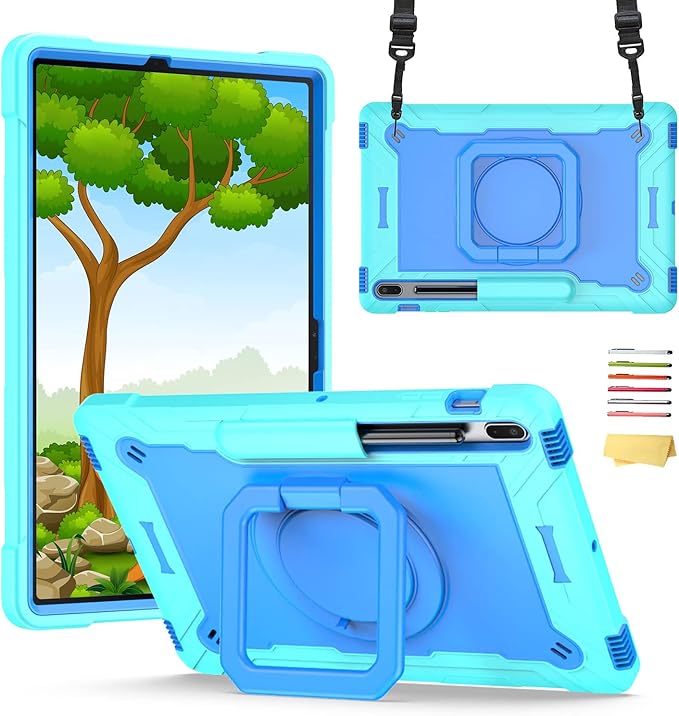 Stand Case for Samsung Galaxy Tab S8 Plus 2022/Tab S7 FE 5G 2021/Tab S7 Plus 2020 12.4 inch 360 Degree Rotating Kickstandwith Hand/Shoulder Strap Rugged Shockproof Cover Aqua Green &amp Blue