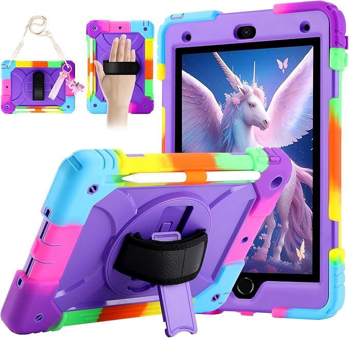 for iPad 9th/8th/7th Generation CaseiPad 10.2 Case 2021/2020/2019 with Cute Key Chain Rugged Protective Case with 360°Rotating Stand &amp Shoulder Hand Strap &amp Pen Slot for 10.2 Inch (Rainbow
