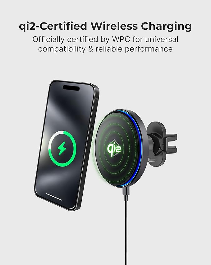 Mag Switch Qi2 Mag Safe Wireless Car Charger Air Vent Mount 15W Fast Charger with a built in on/off switch for charging Strong N52 Magnets Compatible with iPhone 14/15/16/17 Iphone Air