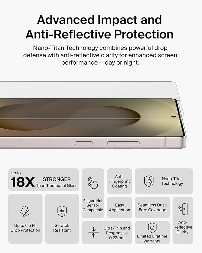 Belkin Titan SmartShield Anti-Reflective Screen Protector for Samsung Galaxy S26 Ultra Scratch Resistant Impact Protection Anti-Fingerprint Ultra-Thin w/Easy Align Tray for Bubble Free Application
