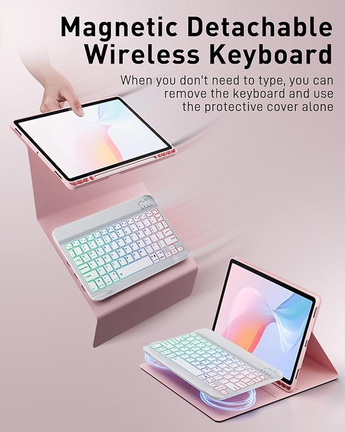 Keyboard Case for Samsung Galaxy Tab S11-11 inch 2025 Cover (SM-X730 SM-X736 SM-X736B)- 7 Color Rainbow Change Backlit Detachable Magnetic Keyboard with S Pen Holder with Mouse - Pink