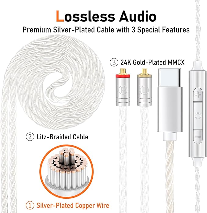 Vibes 202MC USB-C Wired Earbuds - USBC HiFi in Ear Headphones for iPhone 17/16/15 - Noise Isolating Ear Buds w/ Mic - Clear Sound Deep Bass &amp Comfort-Fit Earphones - Silver Plated Cord Carrying