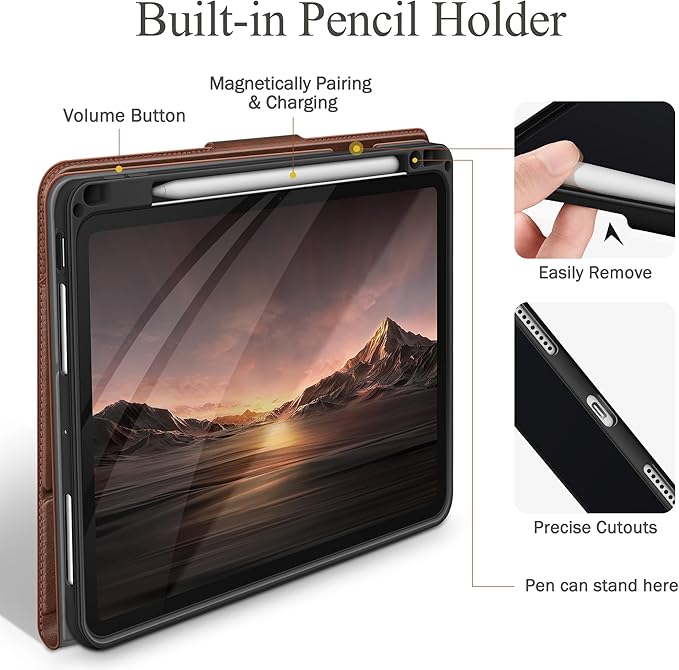auaua Case for iPad Pro 11 Inch (M5/M4) 2025/2024 with Pencil Holder and Pocket Multiple Angles Viewing Magnetic Closure Auto Sleep/Wake (Brown)